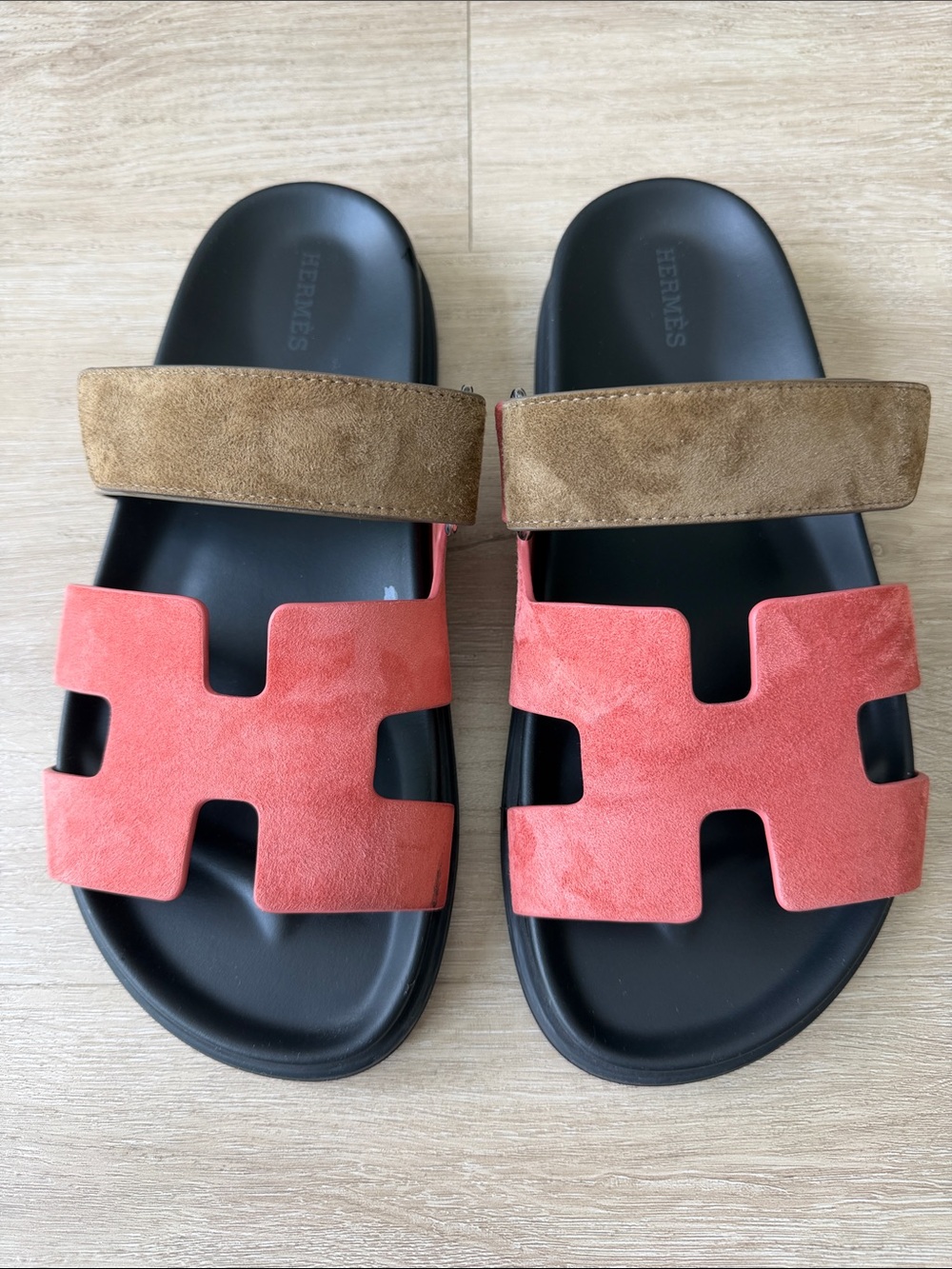 Hermes Coral and Brown Oran Slide Sandals